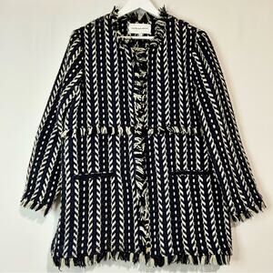 Cupcakes and Cashmere Women’s Woven Tweed Fringe Jacket Black White Large FLAW